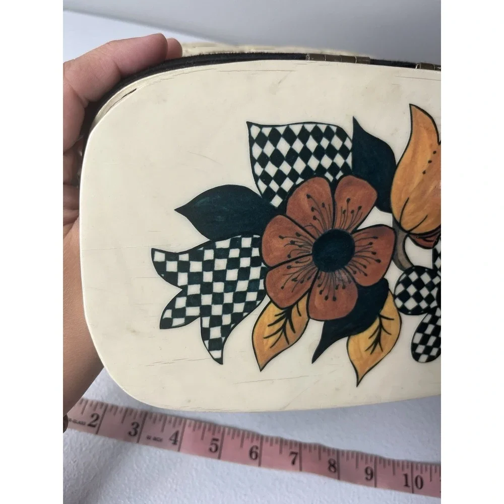 VTG Top Handle Wood Basket Purse Floral Lid‎ Woven Handbag Decoupage MCM